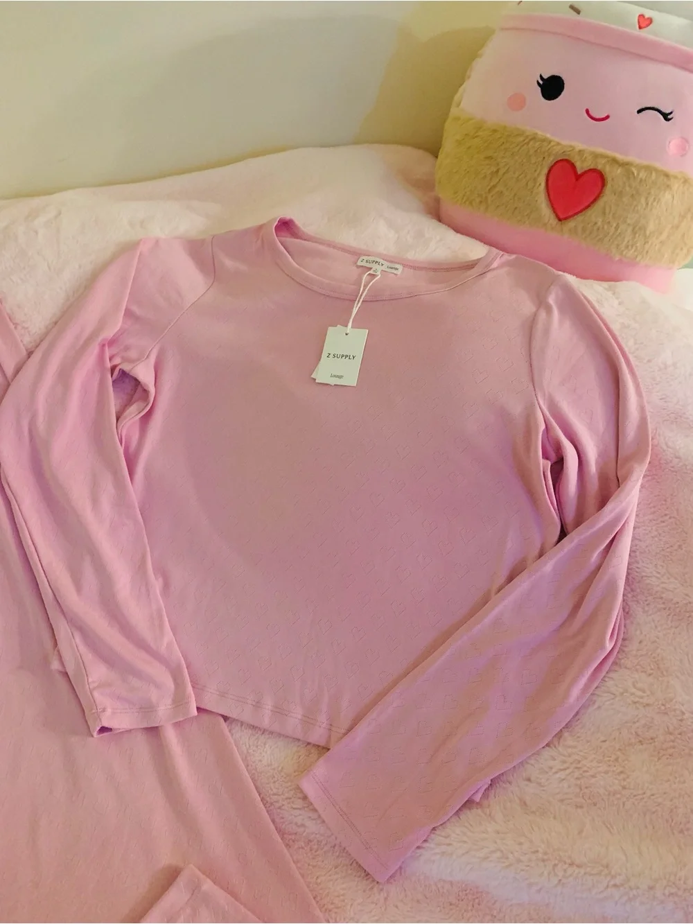 Z Supply Maison Heart Pointelle Long Loungewear Set Pink Crush Large Comfy NWT